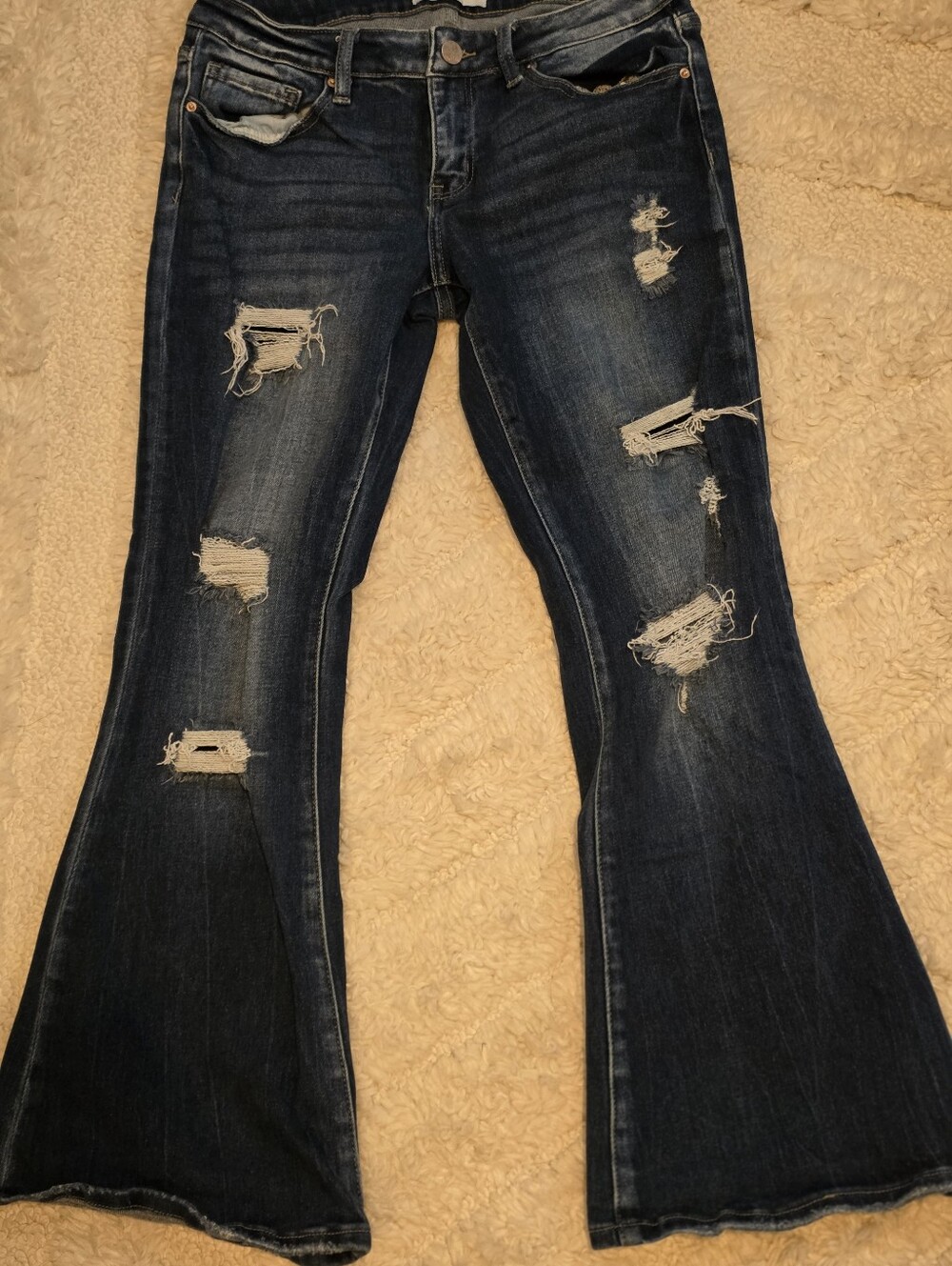 Buckle Dark Wash Distressed Flare Jeans - Dark Blue